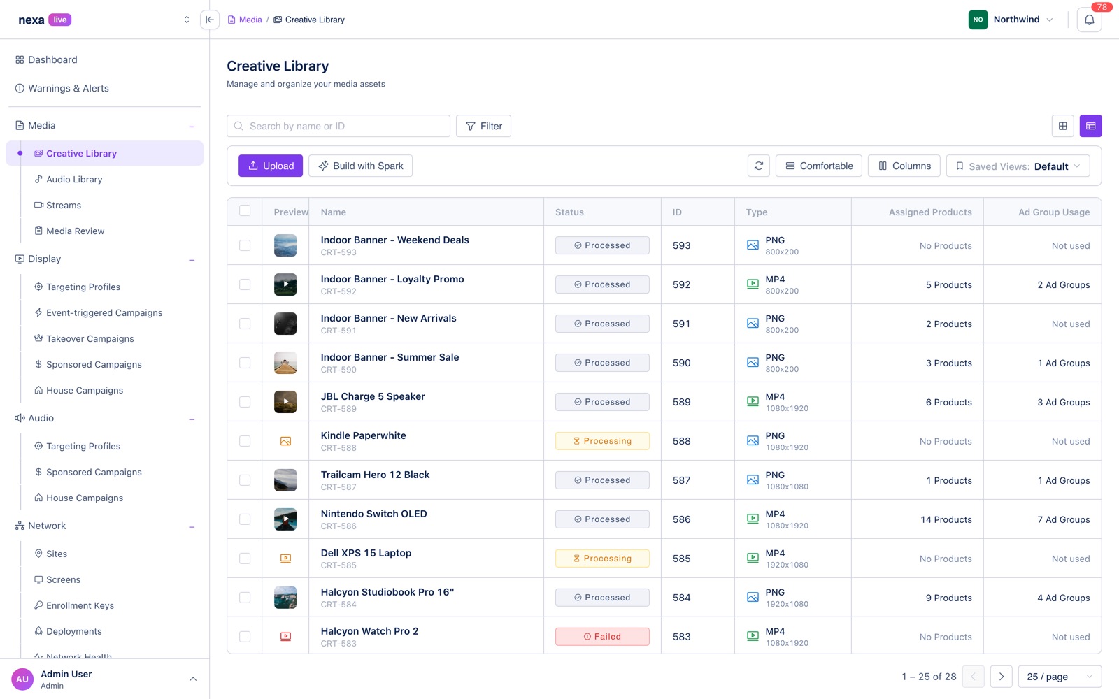 Creative library — portal table, filter segments, custom columns, dropzone upload